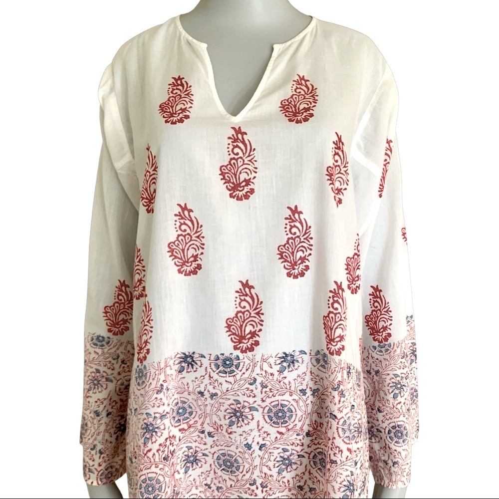 VELVET By Graham & Spencer Block Print Peasant Tunic Blouse 100% Cotton V-Neck - Picture 12 of 15